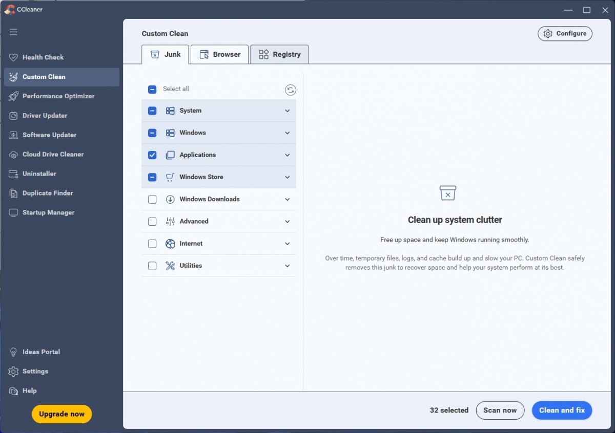 Раздел Custom Clean в CCleaner с категориями системных файлов