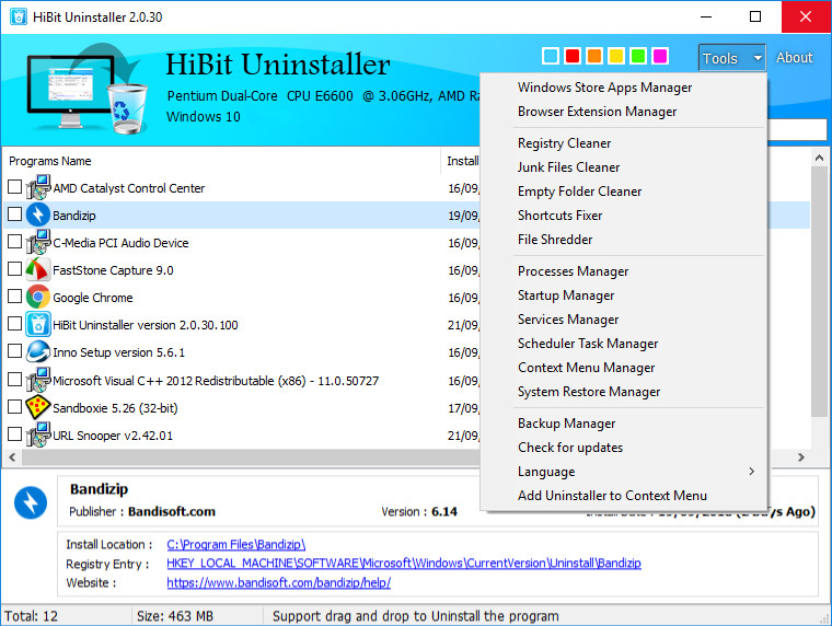 Список программ и меню системных инструментов в HiBit Uninstaller