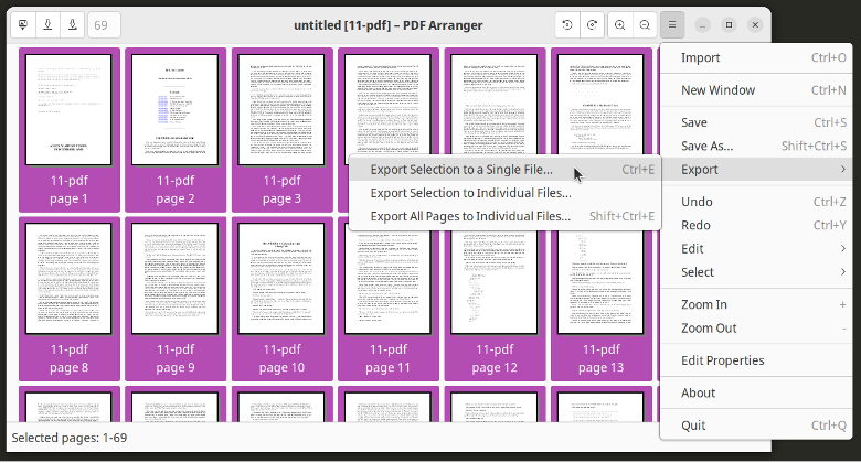Интерфейс PDF Arranger с миниатюрами страниц
