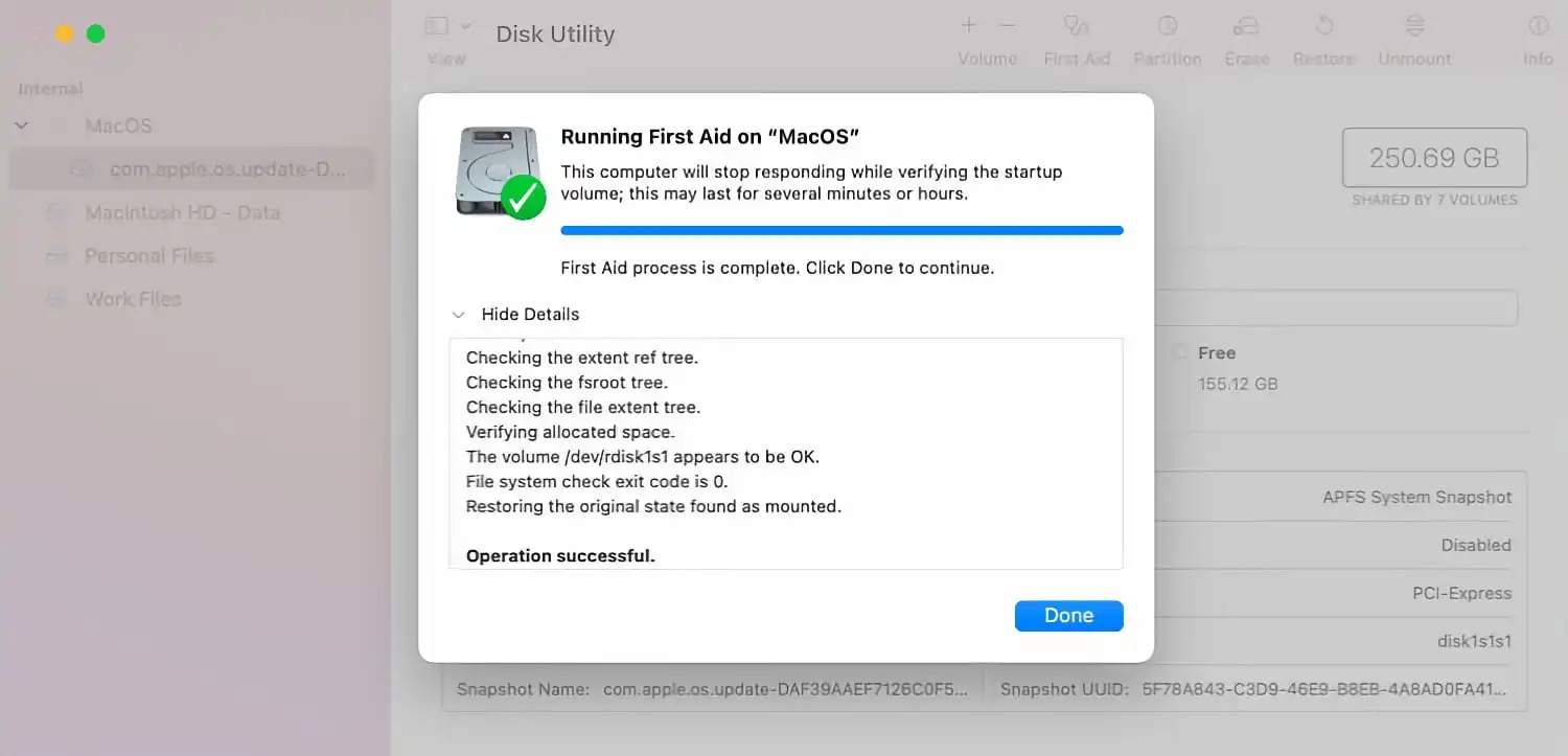 Disk Utility First Aid в macOS с выбранным накопителем