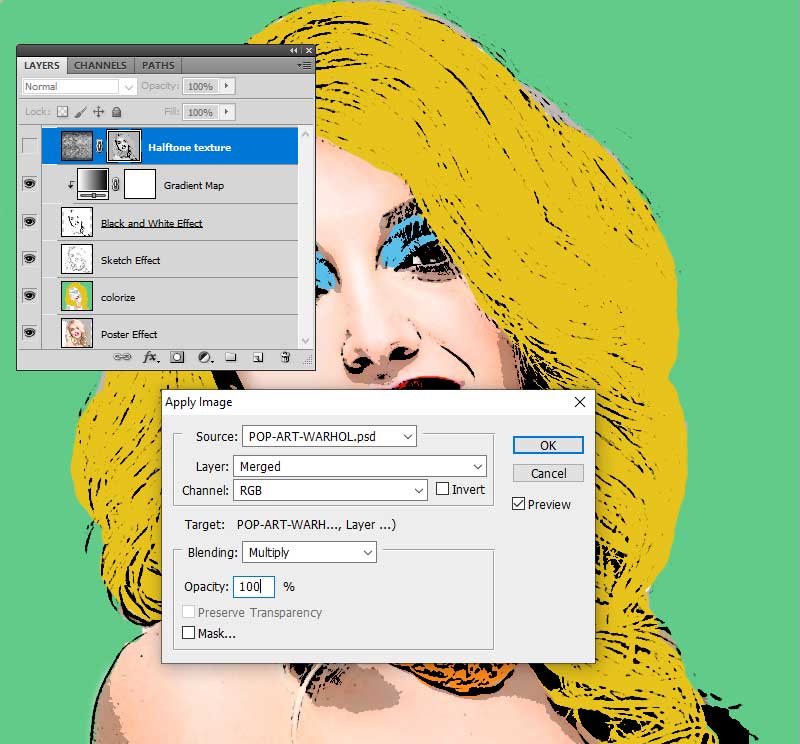 Интерфейс Photoshop со слоями поп-арт-портрета и режимом Multiply