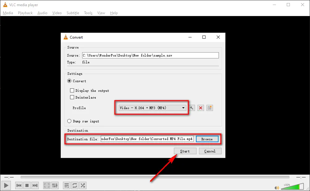 VLC: окно Convert с профилем Video - H.264 + MP3 (MP4), Browse и Start