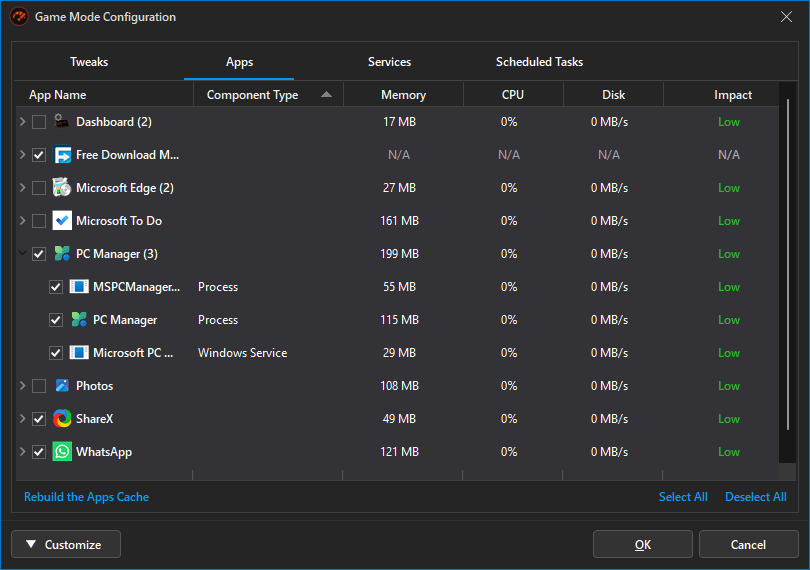 Окно Game Mode Configuration со вкладкой Apps