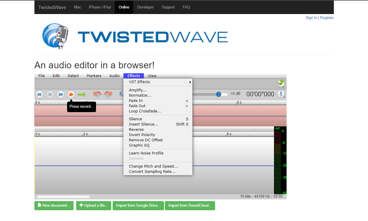 Онлайн-редактор TwistedWave с формой волны