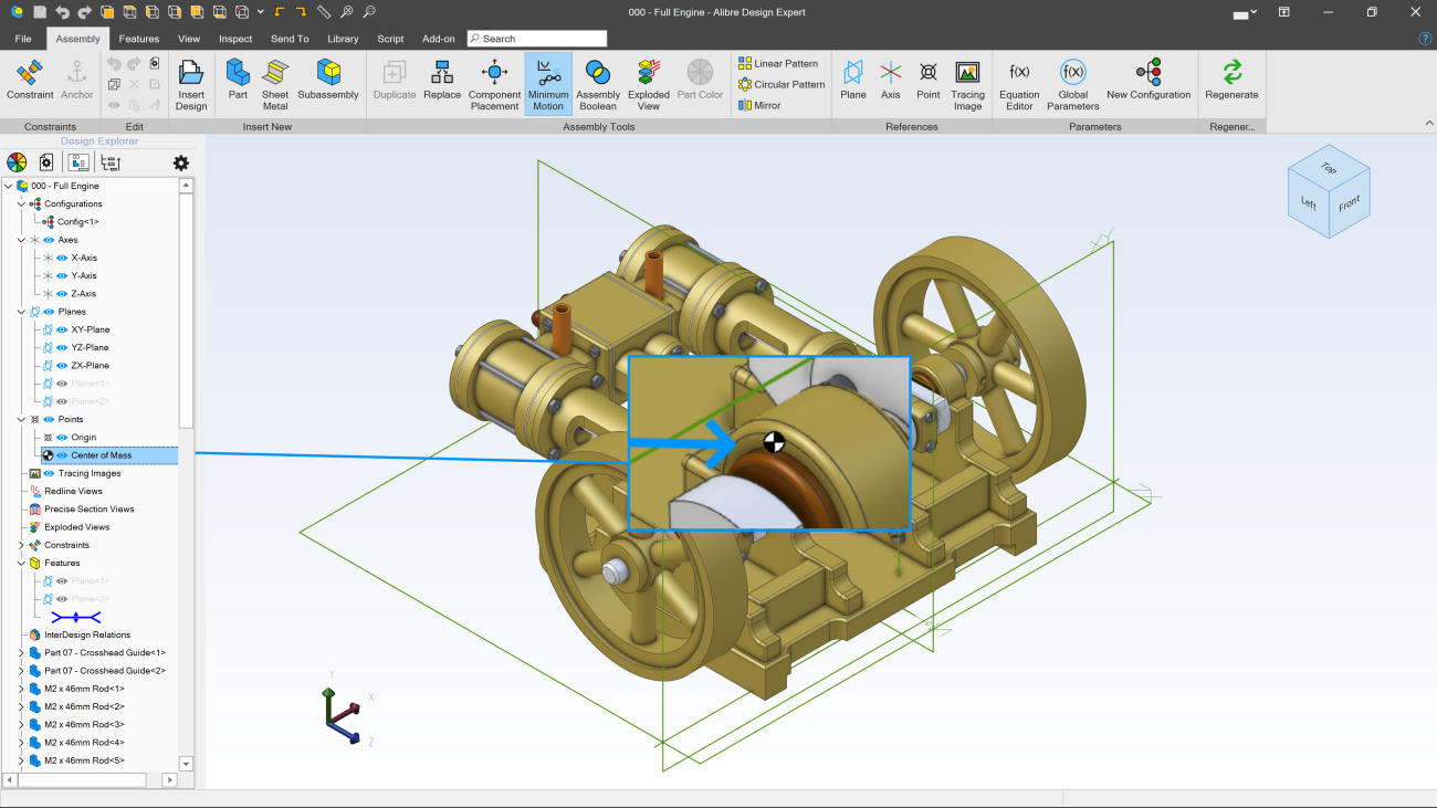 Интерфейс Alibre Design с деревом сборки и 3D-моделью