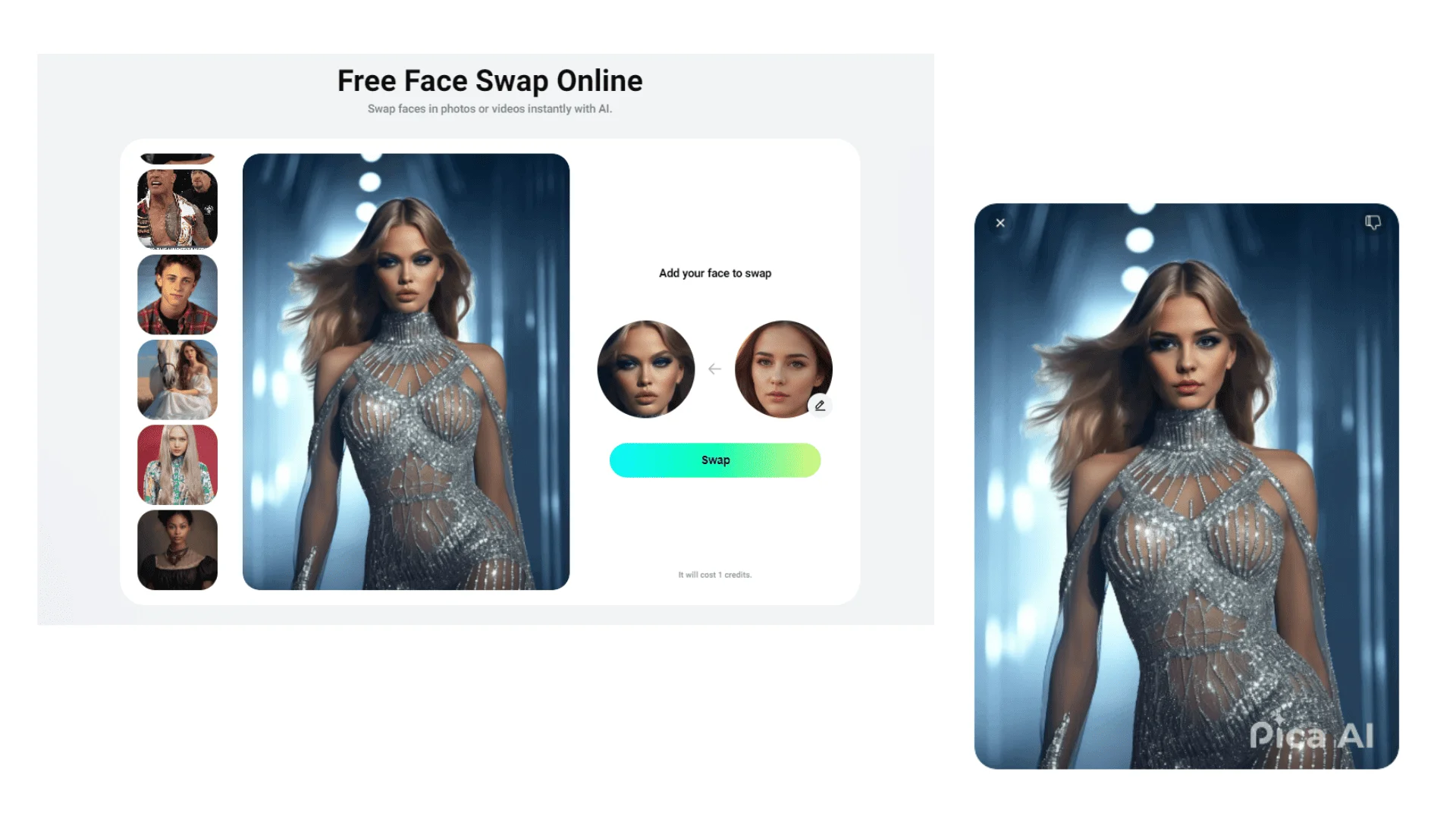 Интерфейс Pica AI с загрузкой лица и кнопкой Swap