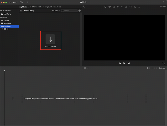 Интерфейс iMovie с кнопкой Import Media и монтажной областью
