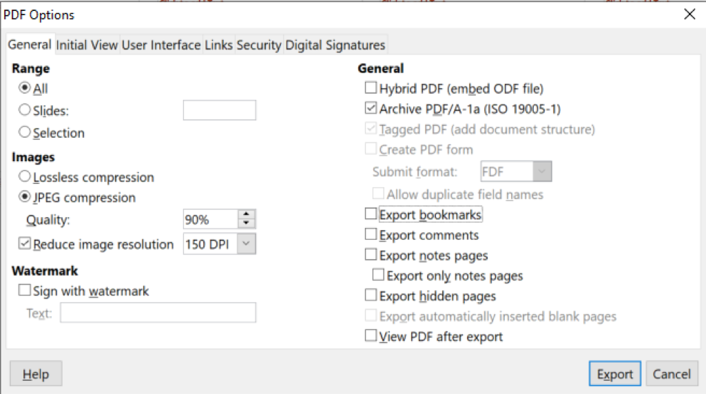 Диалог Export as PDF в LibreOffice Impress