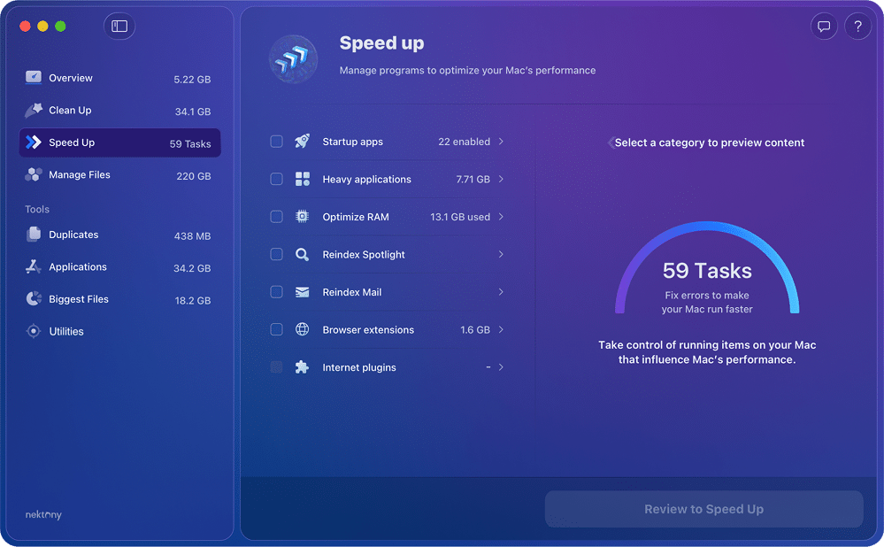 Раздел Speed Up в MacCleaner Pro с задачами Startup apps, Heavy applications, Optimize RAM, Reindex Spotlight, Reindex Mail, Browser extensions и Internet plugins