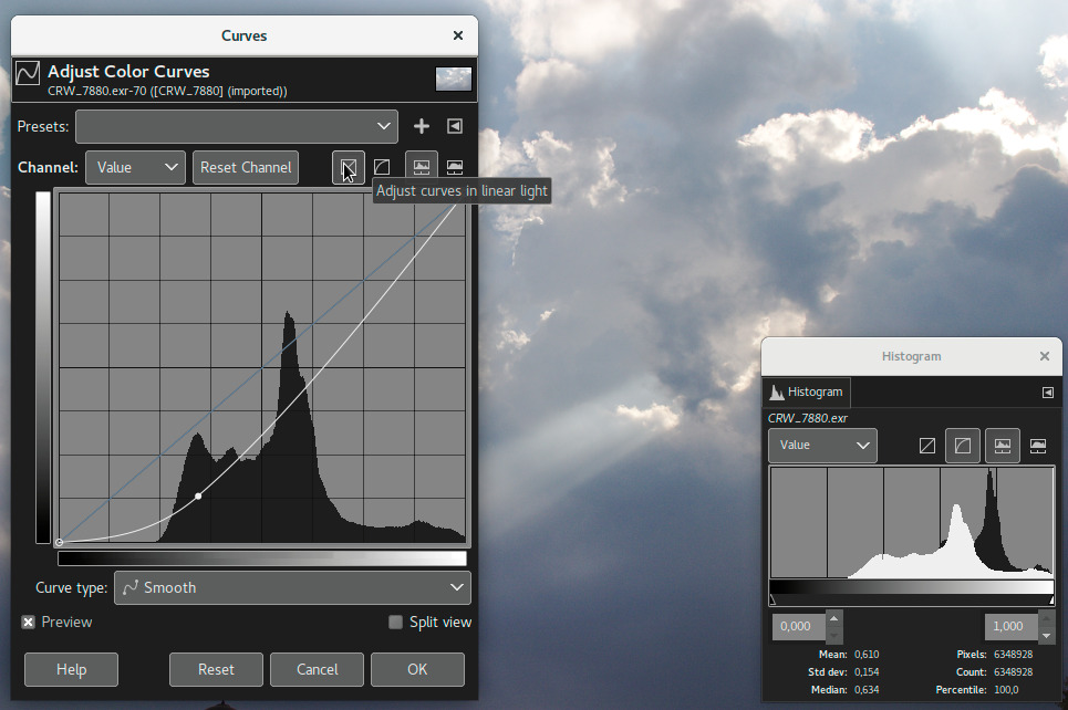 Панель Curves в GIMP