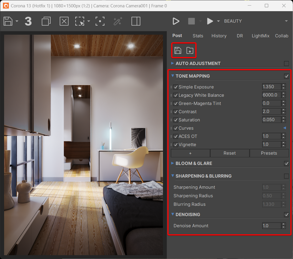 Вкладка Post в Corona VFB с Tone Mapping и кнопками сохранения и загрузки настроек