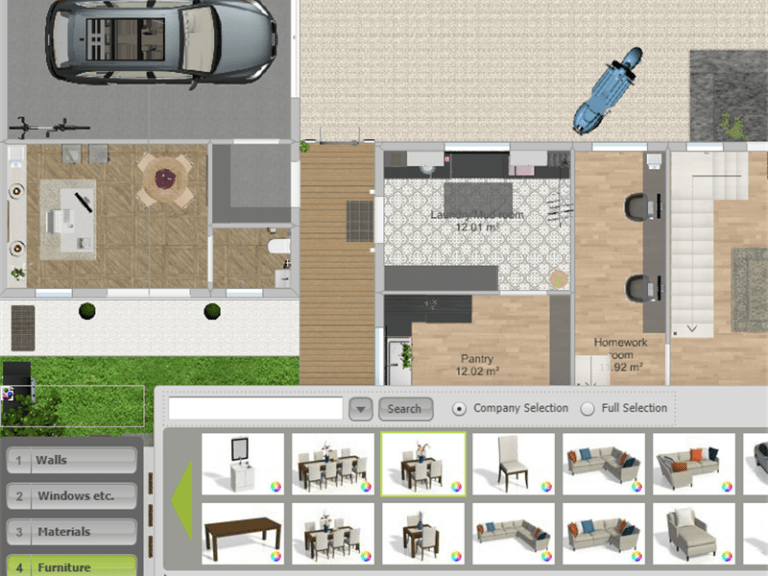 Интерфейс RoomSketcher с планом и панелью выбора мебели