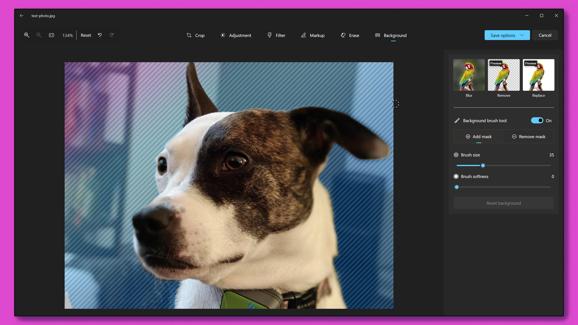 Инструмент Background с режимами Blur, Remove и Replace в Microsoft Photos
