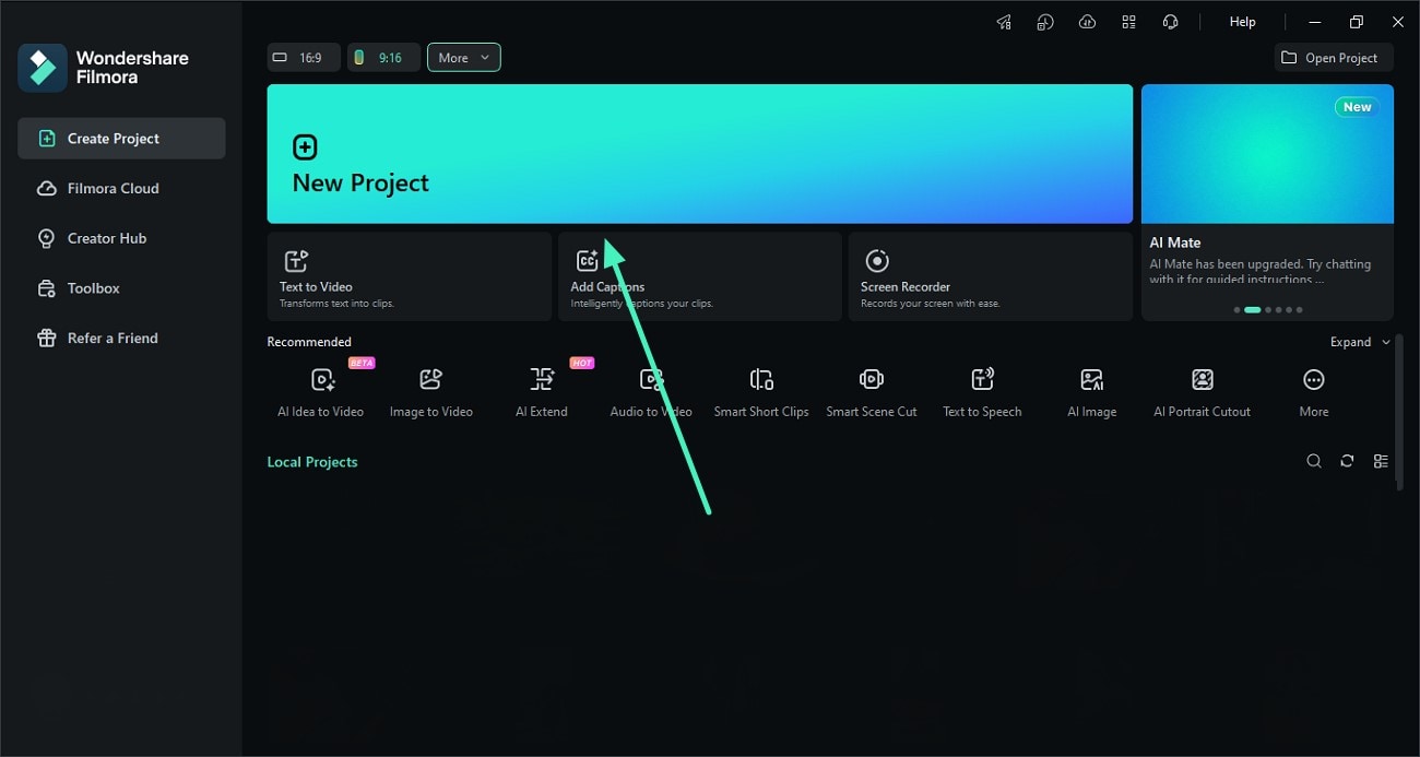 Стартовый экран Wondershare Filmora с кнопкой New Project