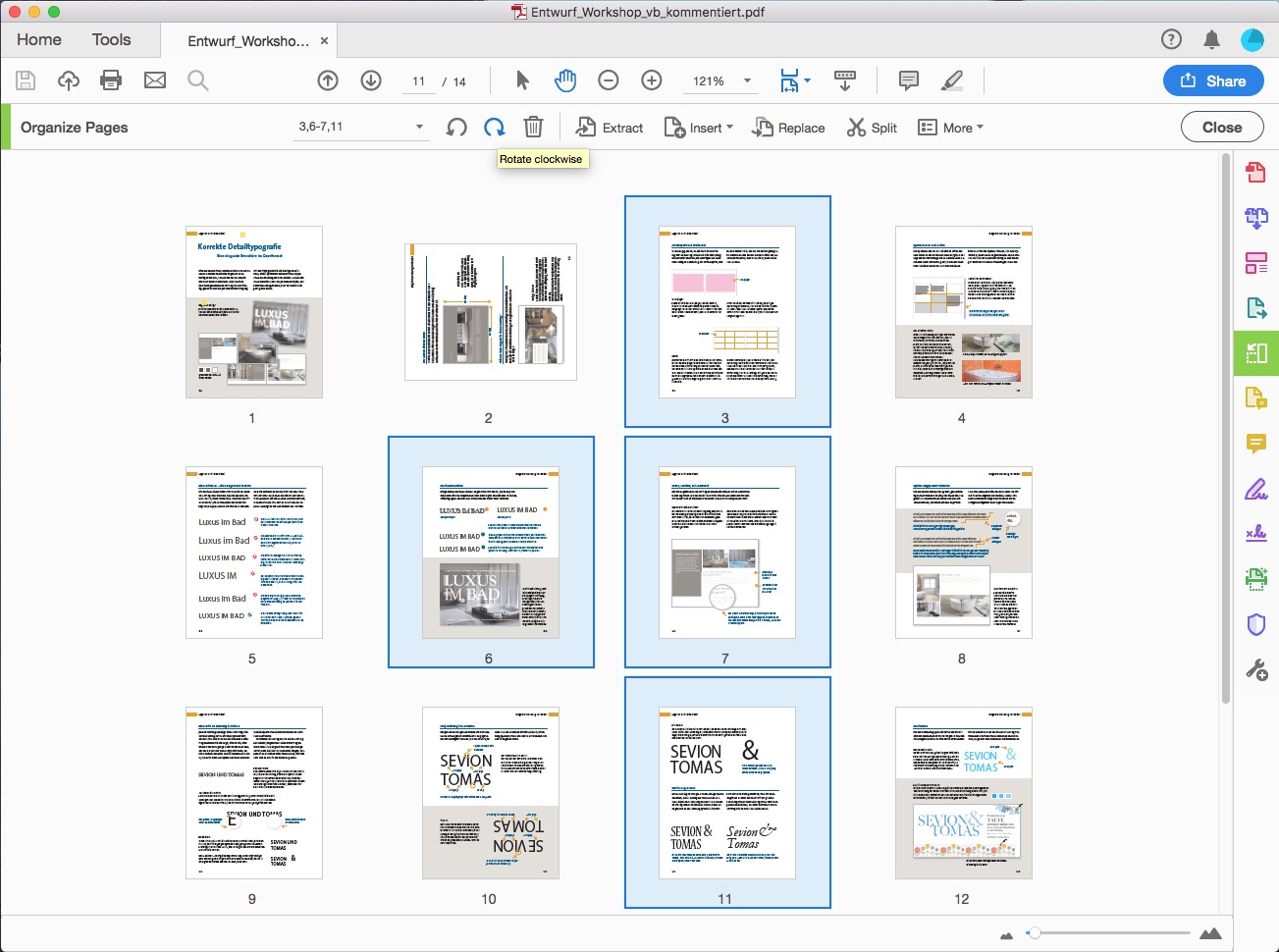 Режим Organize Pages в Adobe Acrobat с выделенными миниатюрами и кнопкой поворота