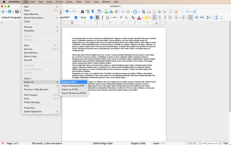 Меню экспорта PDF в LibreOffice