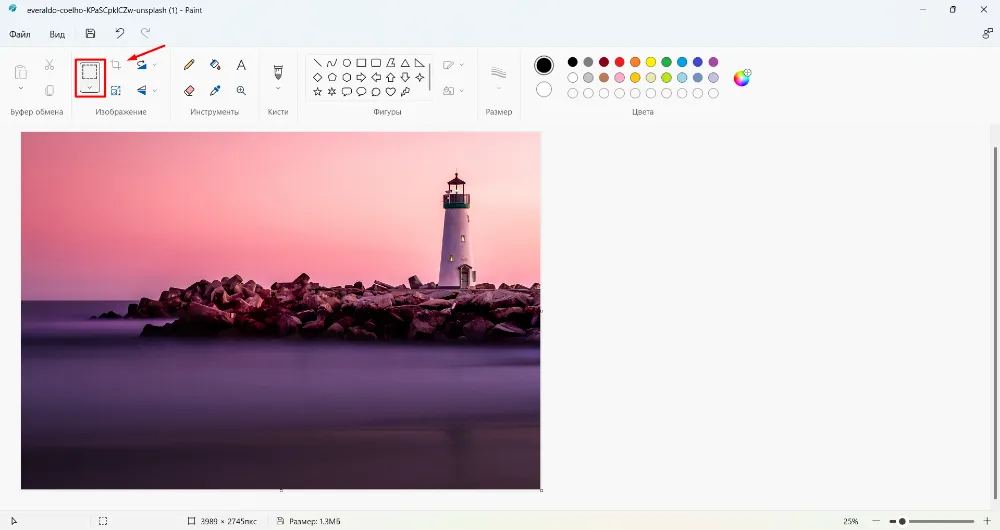 Прямоугольное выделение перед обрезкой в Microsoft Paint