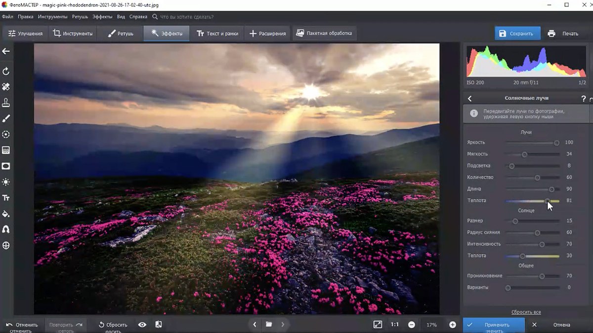 Интерфейс ФотоМАСТЕРа с открытой фотографией и панелью инструментов