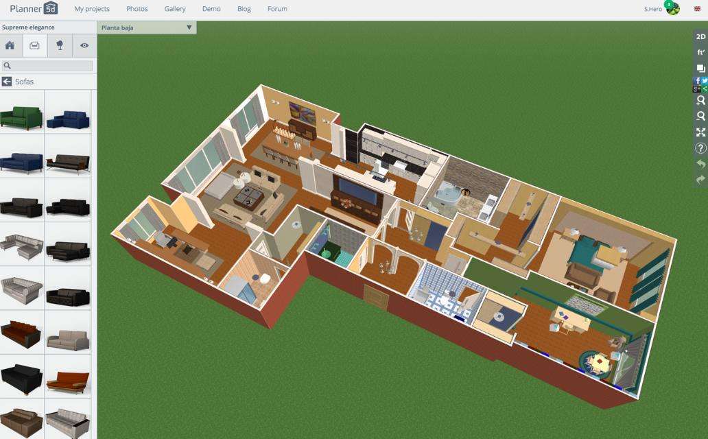 Интерфейс Planner 5D с трехмерным планом и каталогом объектов