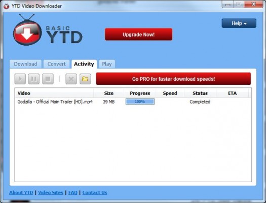 Вкладка Activity в YTD Video Downloader с завершённой загрузкой и прогрессом задачи