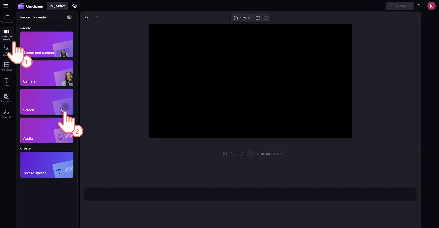 Раздел Record and create и кнопка Screen в Clipchamp