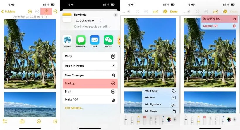 Экспорт заметки с несколькими фотографиями через Разметку на iPhone
