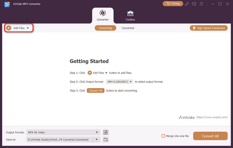 Добавление MP4 через Add Files в AVAide Video Converter
