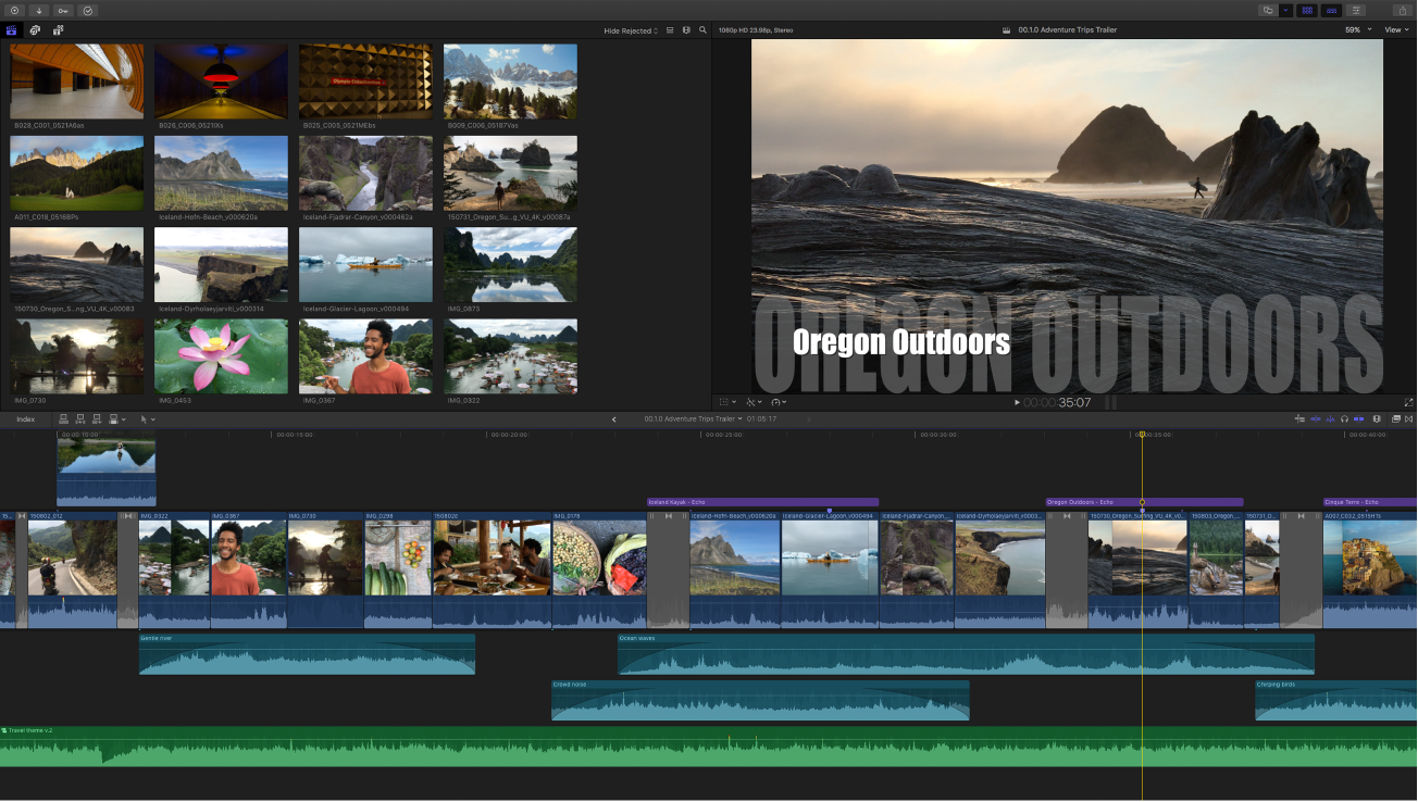 Рабочее окно Final Cut Pro с Browser, Viewer и Magnetic Timeline