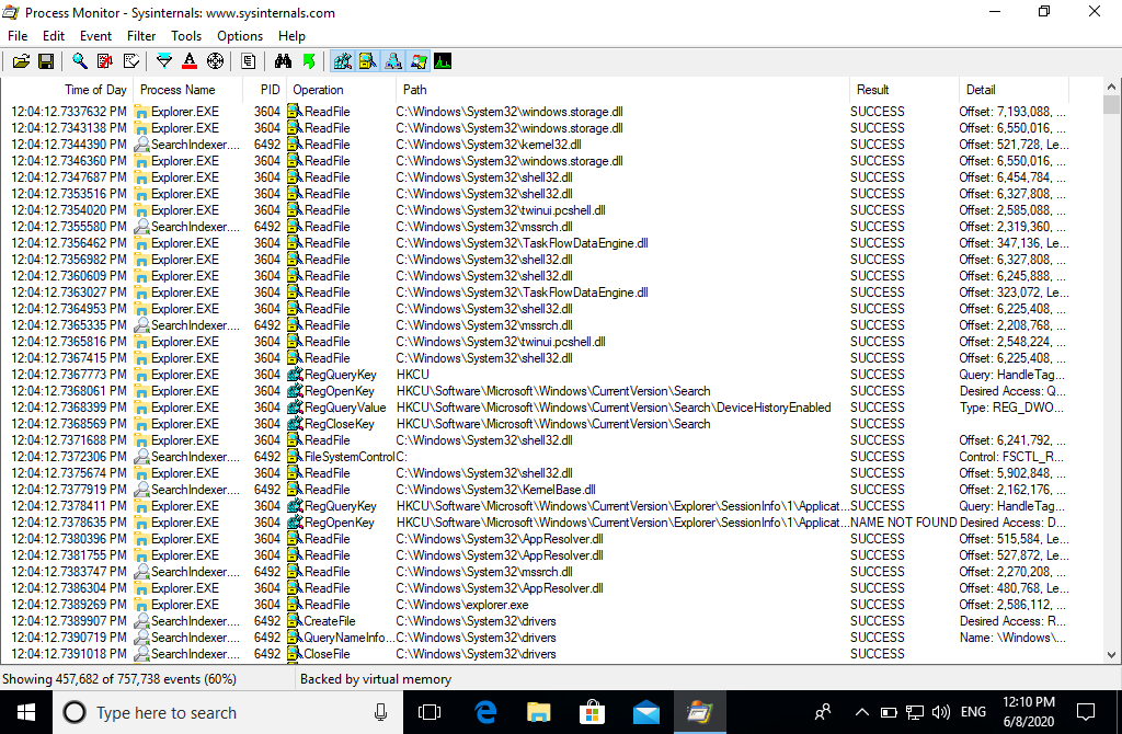 Process Monitor в Windows 10 с операциями ReadFile и путями файлов
