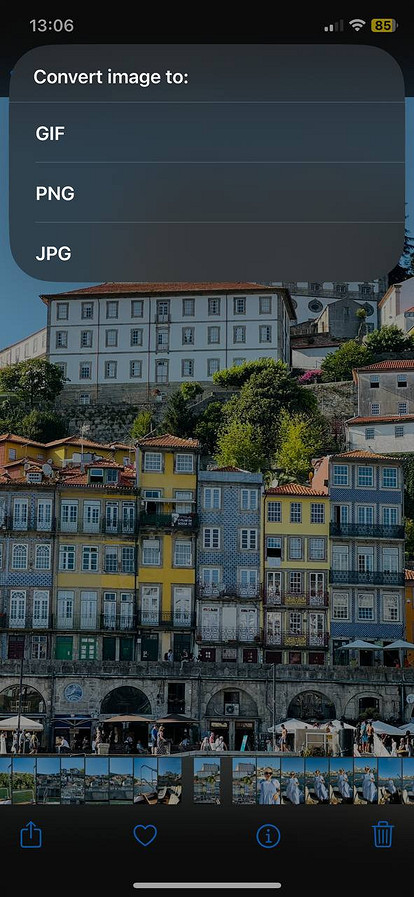 Выбор JPG в действии Convert Image на iPhone