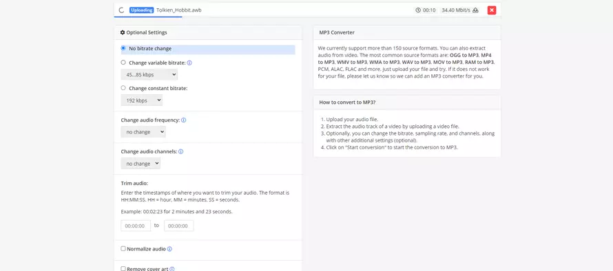 Online-Convert: очередь файла и блок Optional Settings для MP3