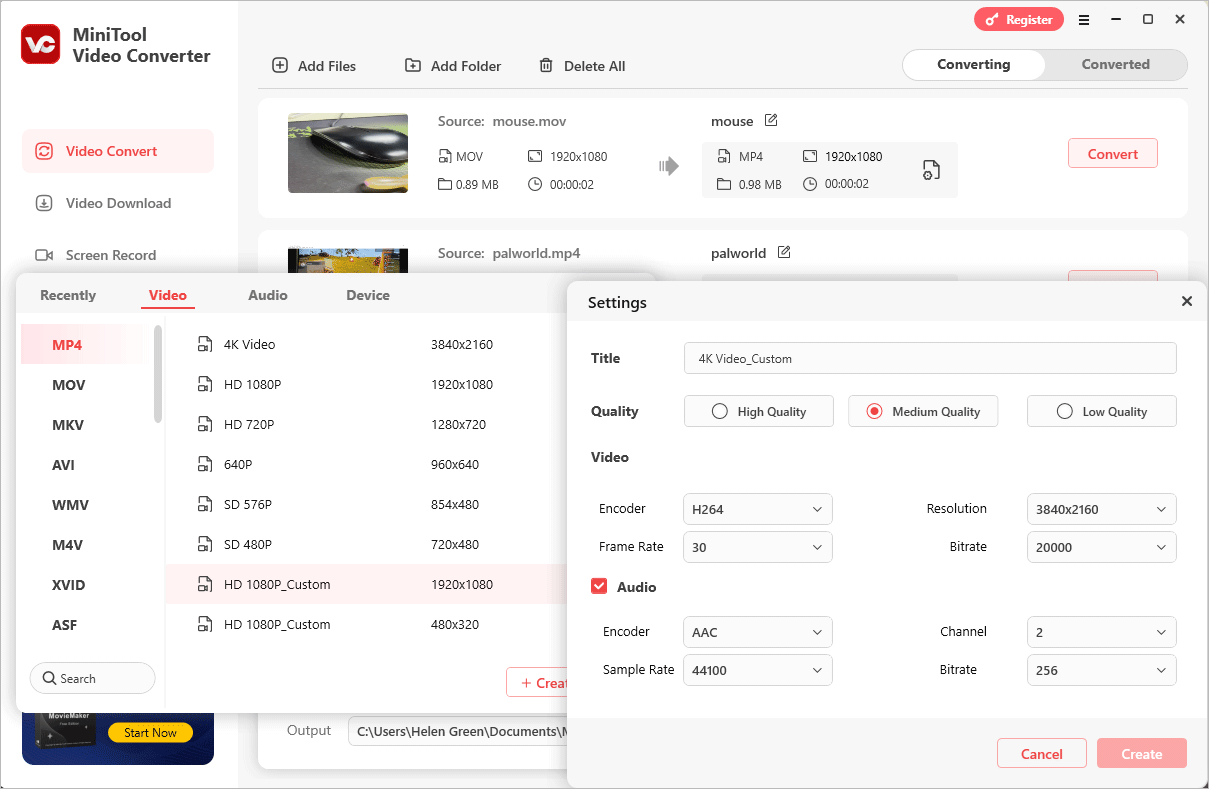 Настройка формата и параметров конвертации в MiniTool Video Converter