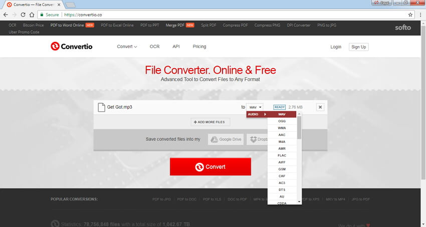 Интерфейс Convertio для конвертации аудио