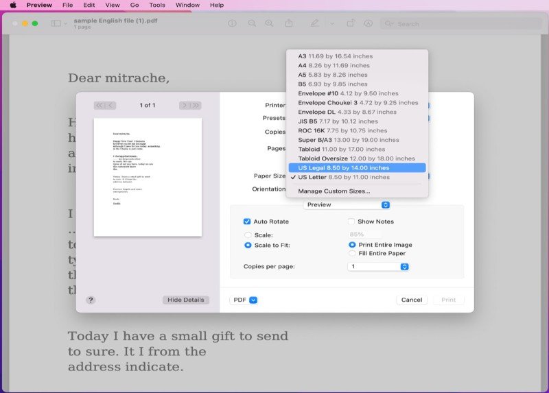 Выбор Paper Size и Manage Custom Sizes в Preview