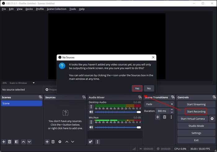 Кнопка Start Recording и индикаторы Desktop Audio и Mic Aux в OBS