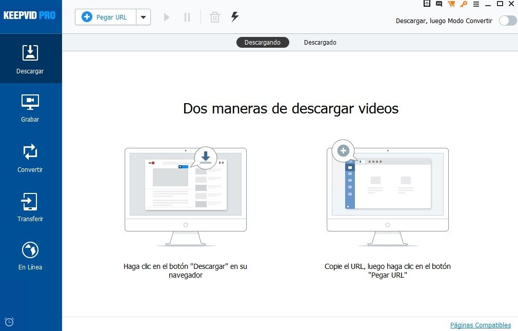 Главное окно KeepVid Pro с кнопкой Paste URL, режимом Download, разделами Downloading, Finished и Converted