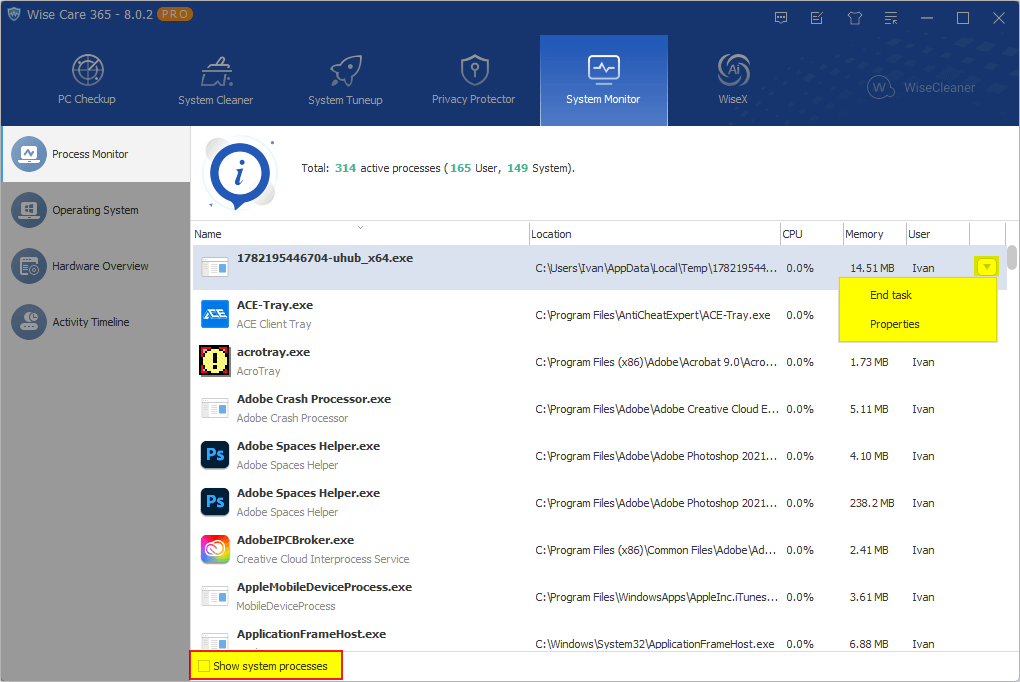 Process Monitor в Wise Care 365: список процессов, нагрузка CPU и Memory, команды End Process и Detailed Info