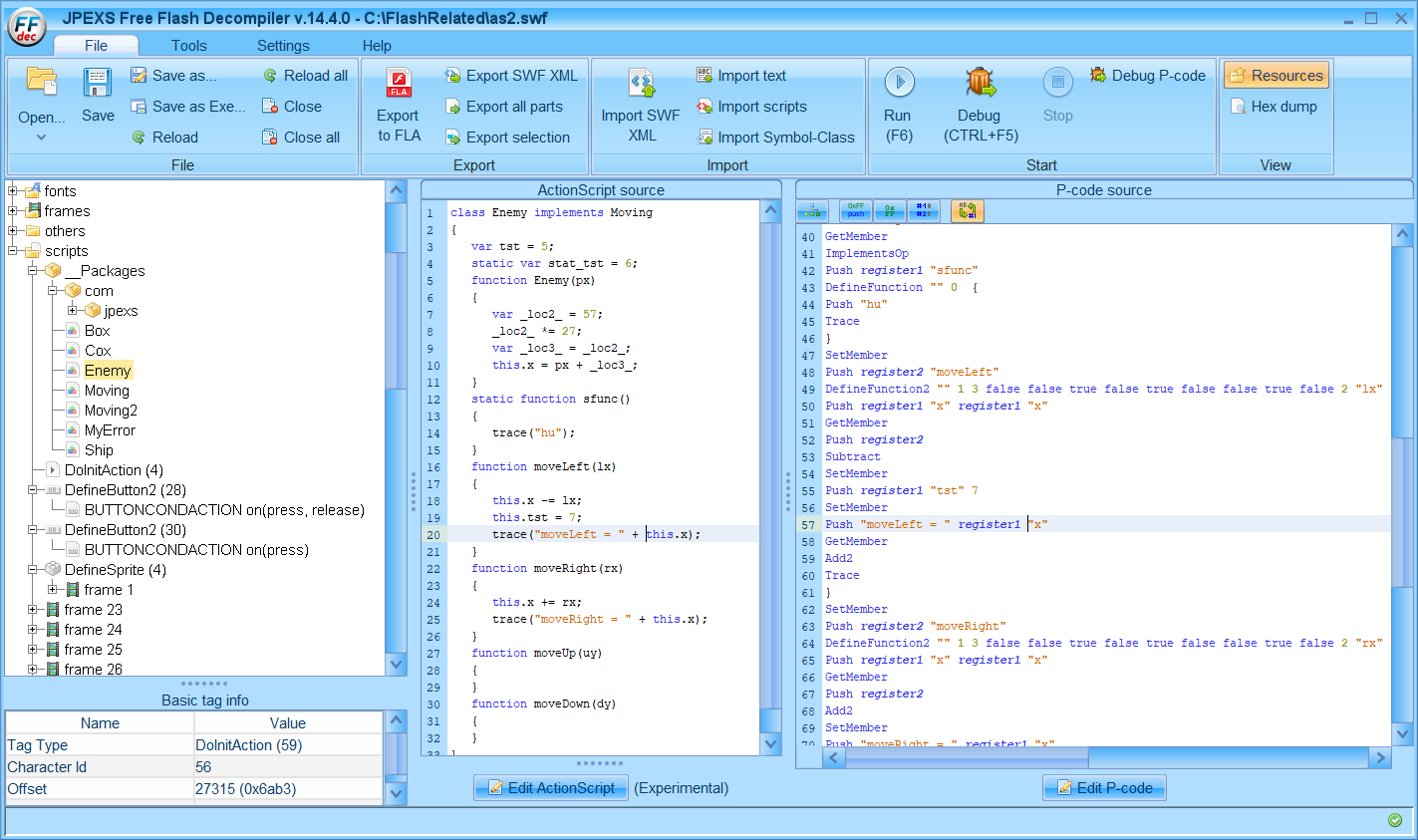 JPEXS Free Flash Decompiler с деревом ресурсов и кодом ActionScript 2