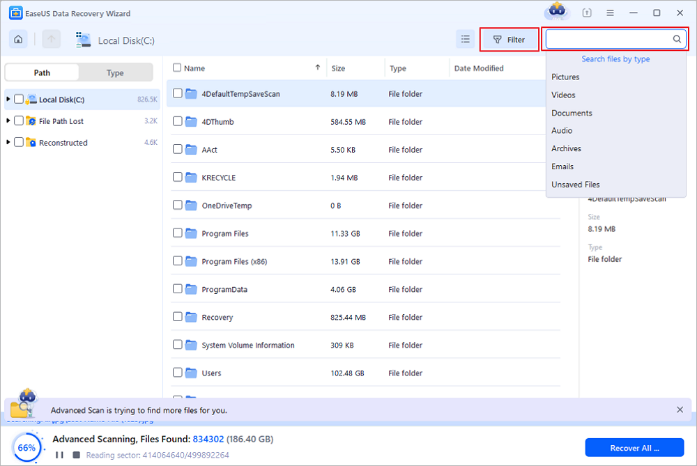 Сканирование удалённых файлов в EaseUS Data Recovery Wizard