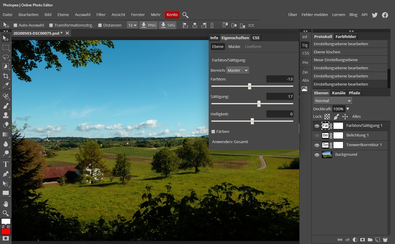 Интерфейс Photopea с панелью Hue Saturation и слоями