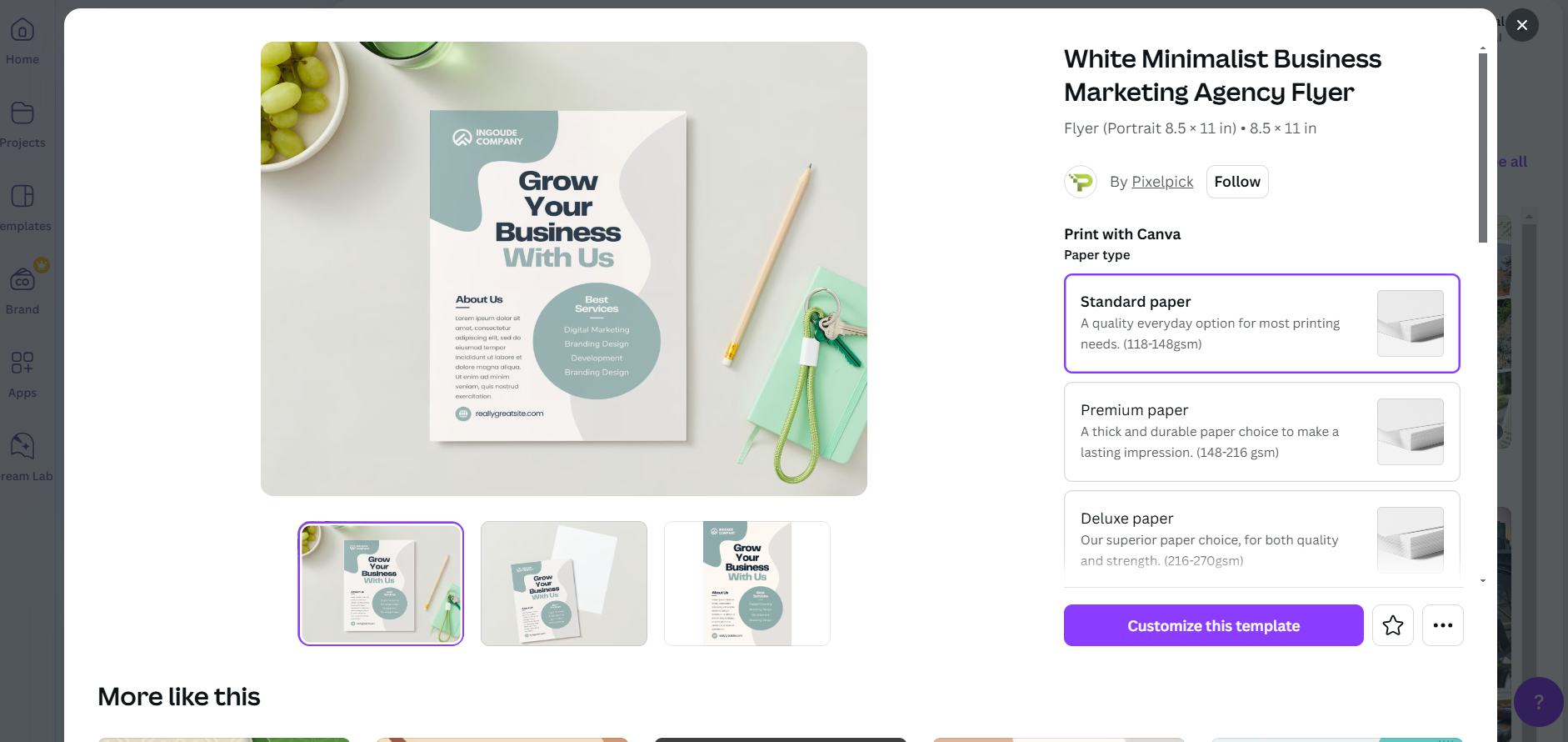 Canva: карточка шаблона и кнопка Customize this template