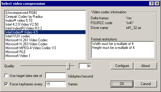Окно Select video compression в VirtualDub
