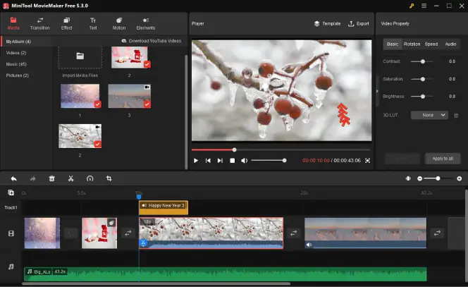 Интерфейс MiniTool MovieMaker с окном просмотра, дорожками видео и музыки