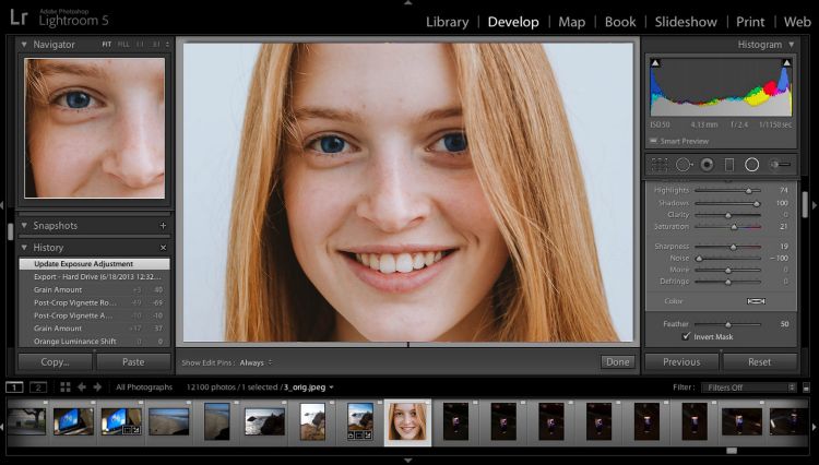 Интерфейс Adobe Lightroom с локальной коррекцией глаз