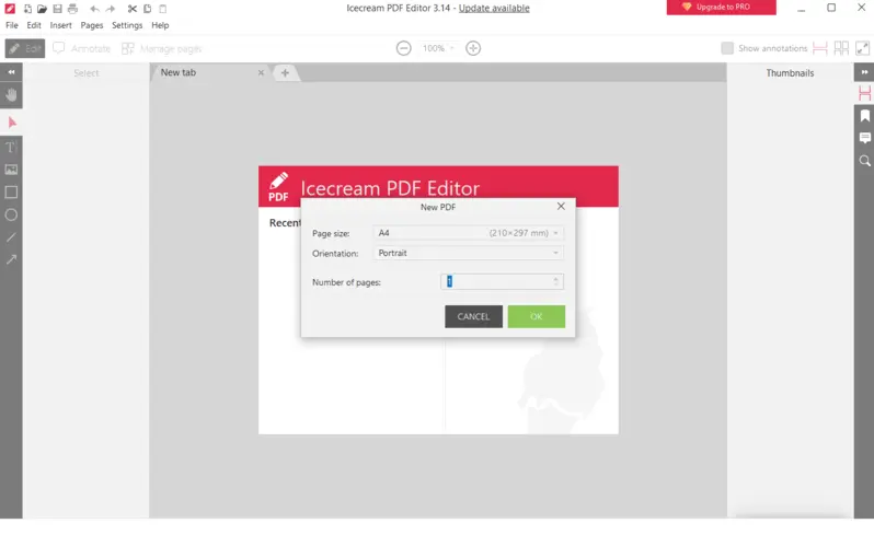 Диалог создания нового PDF в Icecream PDF Editor с выбором Page size, Orientation и Number of pages