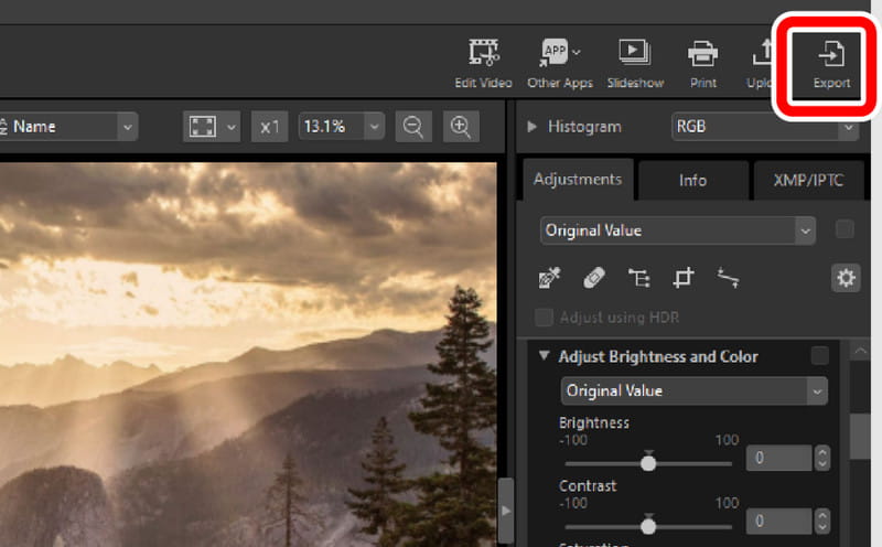 Кнопка Export в Nikon NX Studio