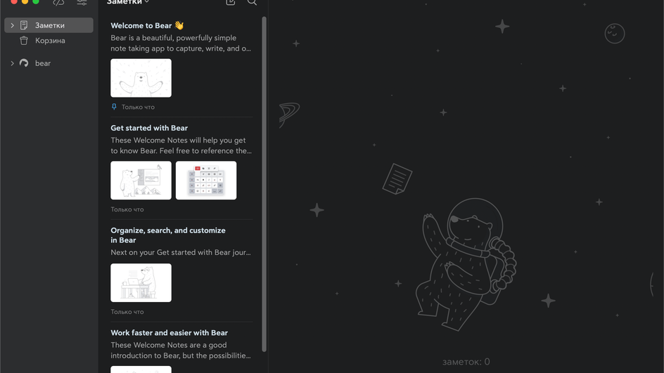 Интерфейс Bear с текстовой заметкой