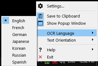 Меню OCR Language в Capture2Text