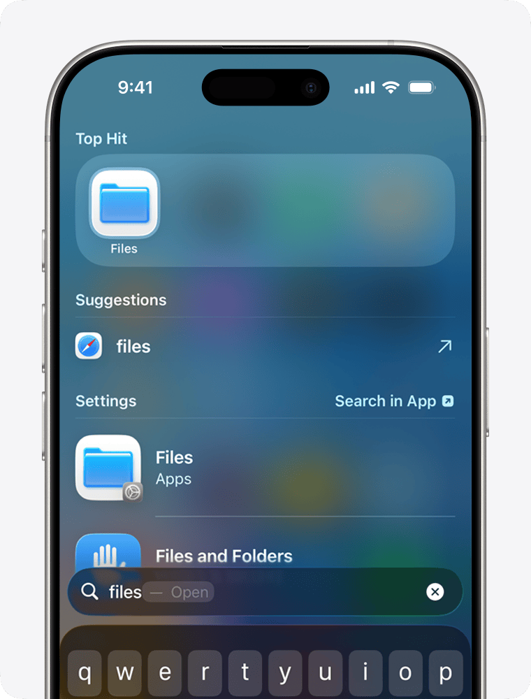 Поиск приложения «Файлы» на iPhone