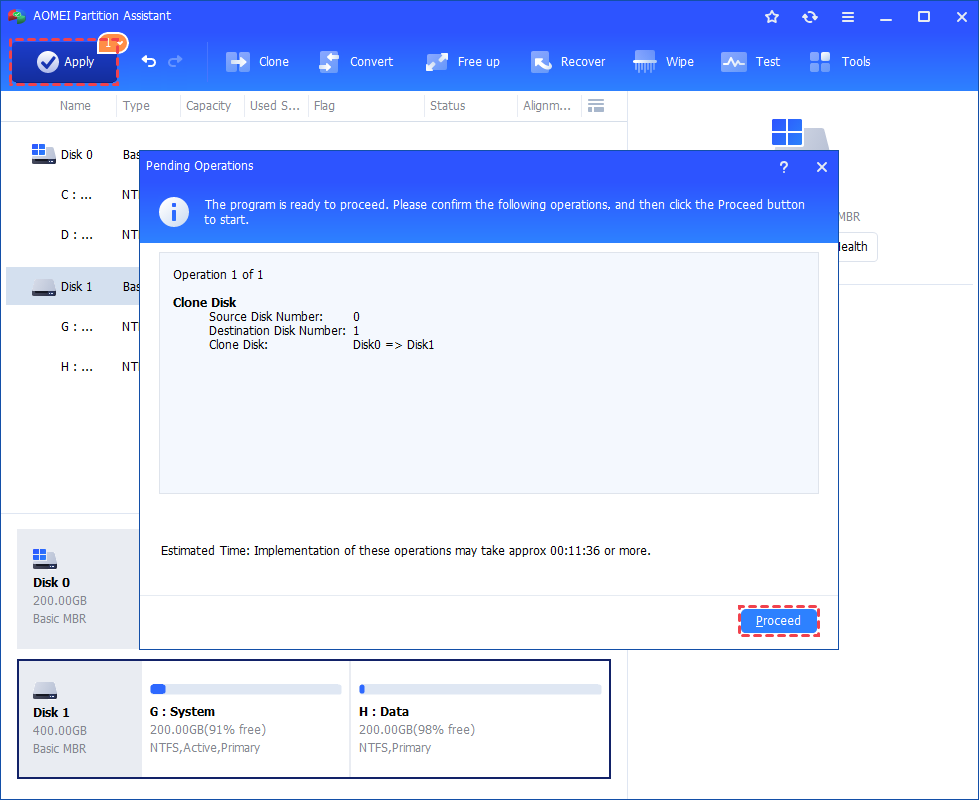 AOMEI Partition Assistant: подтверждение операции клонирования через Apply и Proceed
